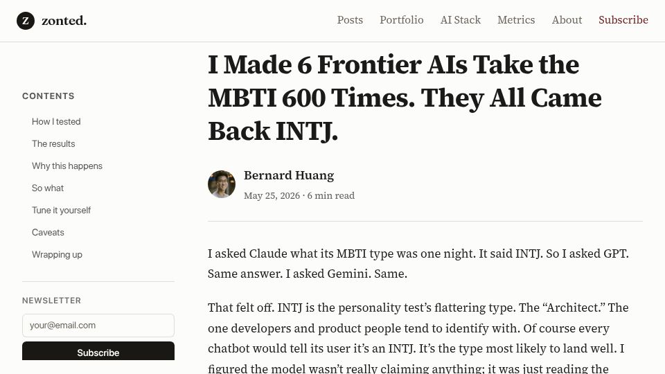 Screenshot of zonted.com: Every Frontier AI Is INTJ