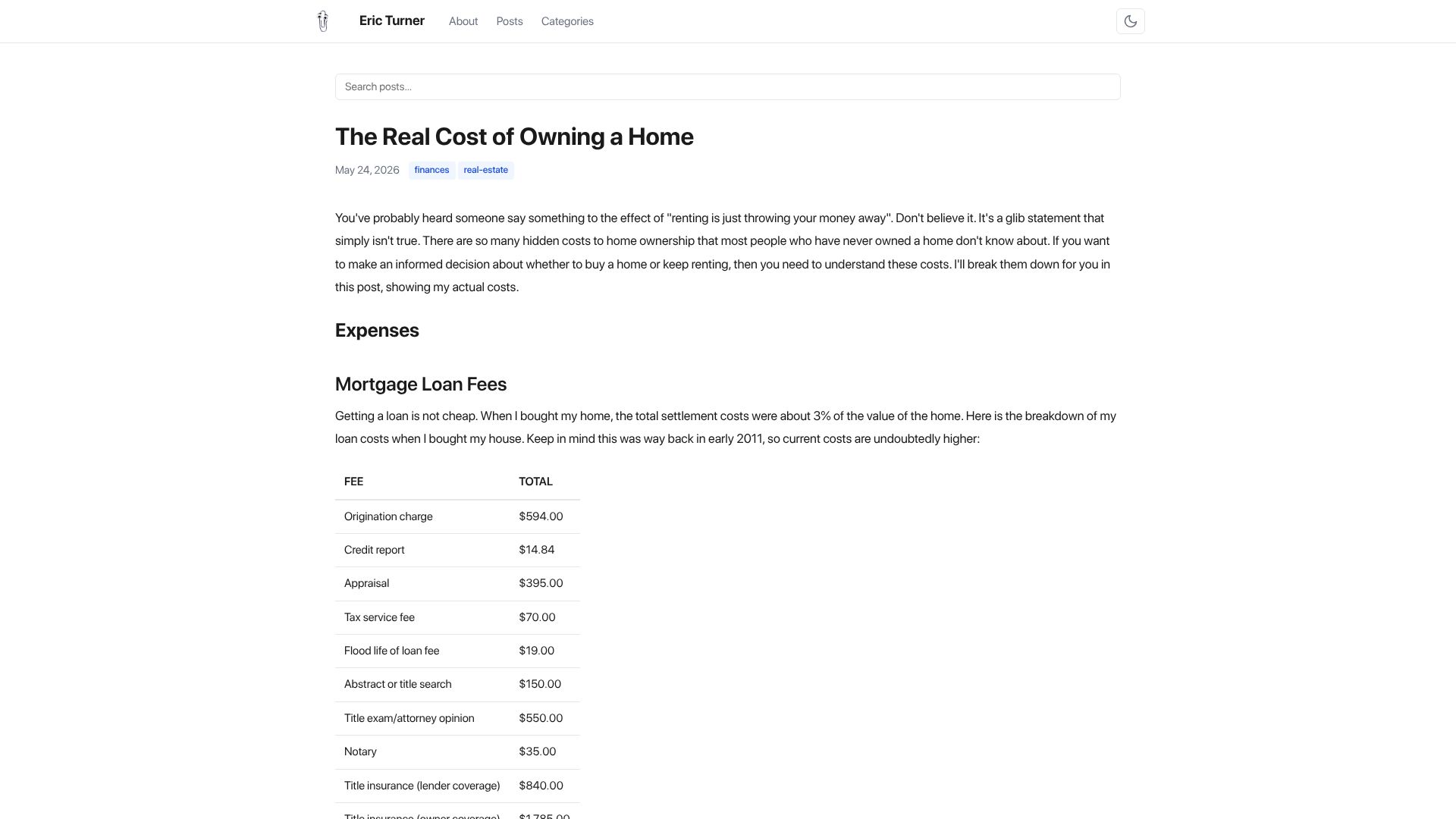 Screenshot of ericturner.dev: The real cost of owning a home