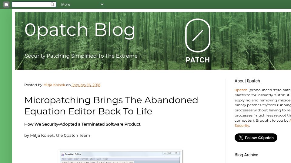 Screenshot of blog.0patch.com: Micropatching Brings the Abandoned Equation Editor Back to Life (2018)