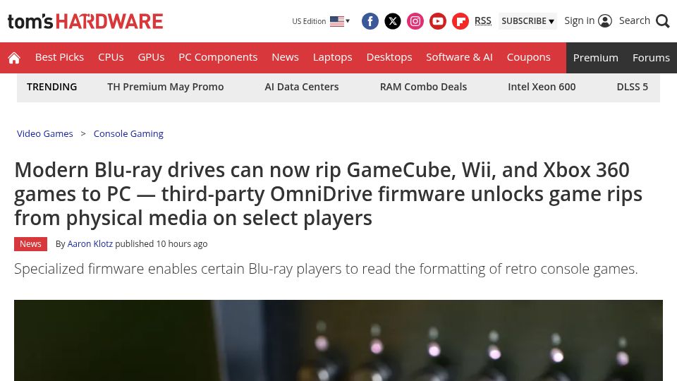Screenshot of tomshardware.com: Modern Blu-ray drives can now rip GameCube, Wii, and Xbox 360 games to PC