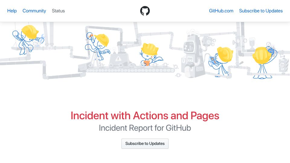 Screenshot of githubstatus.com: Incident with Actions and Pages