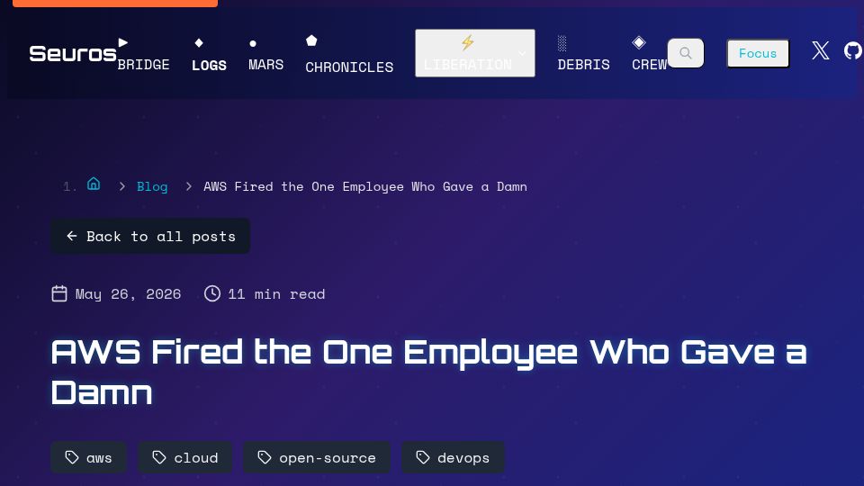 Screenshot of seuros.com: AWS Fired the One Employee Who Gave a Damn