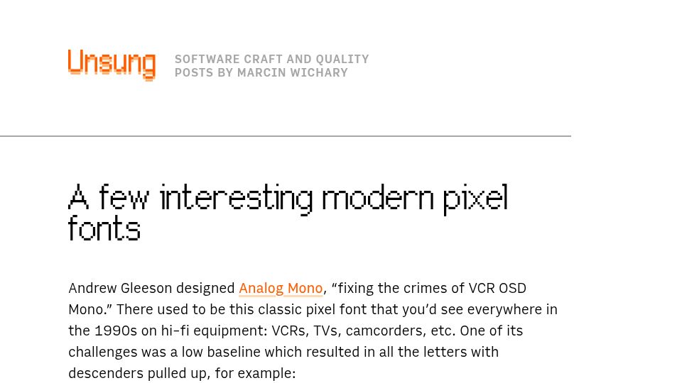 Screenshot of unsung.aresluna.org: A few interesting modern pixel fonts