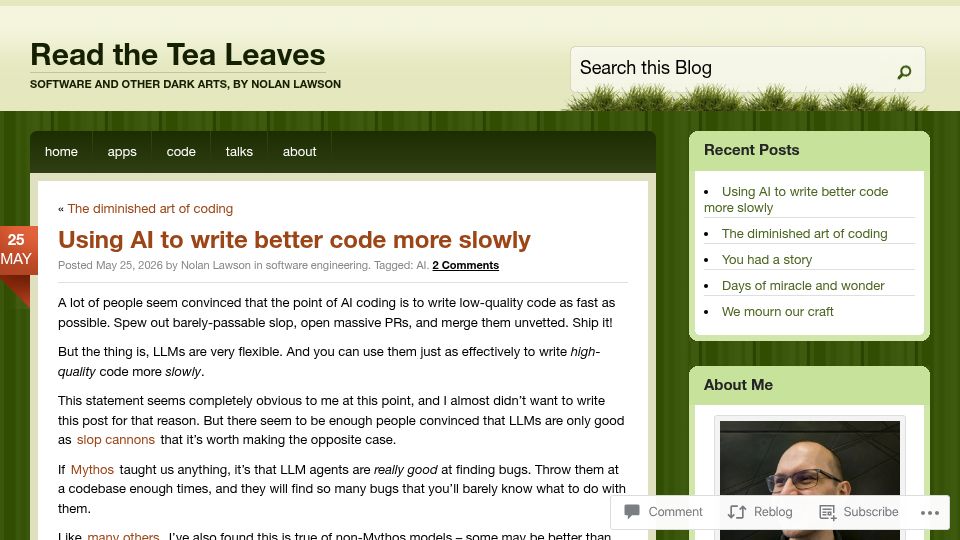 Screenshot of nolanlawson.com: Using AI to write better code more slowly