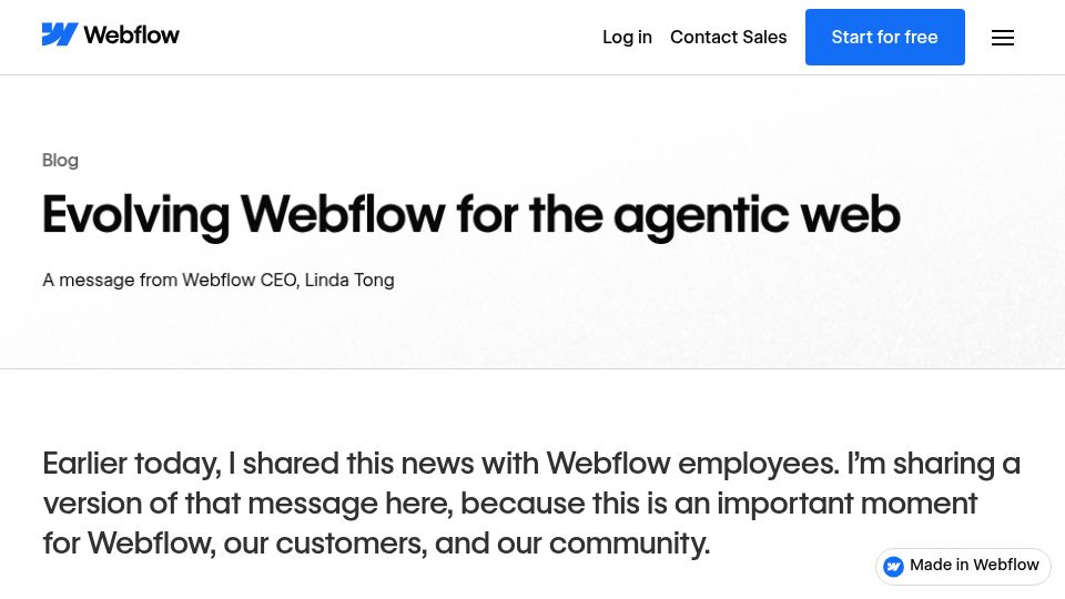 Screenshot of webflow.com: Evolving Webflow for the Agentic Web