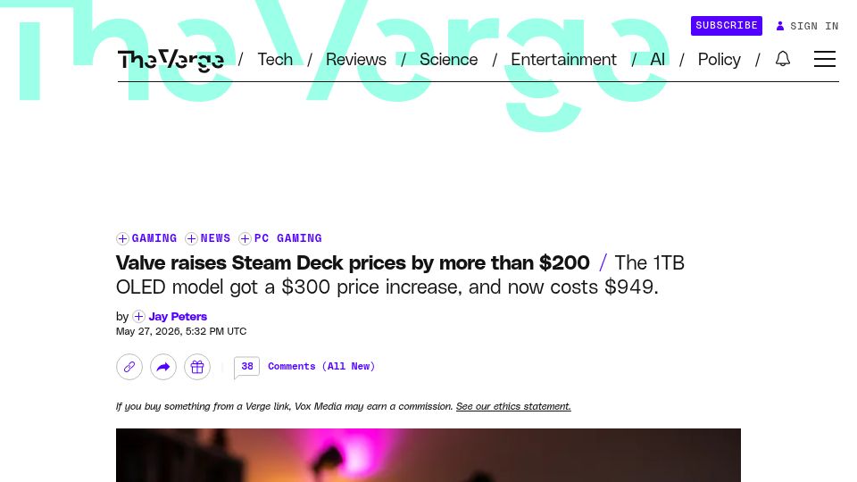 Screenshot of theverge.com: Valve raises Steam Deck prices by more than $200