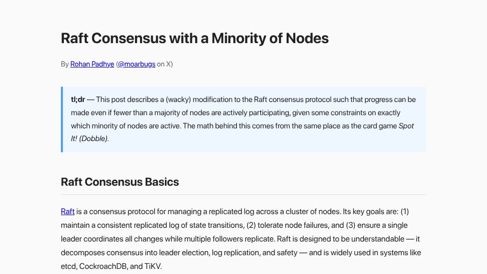 Screenshot of padhye.org: Raft Consensus with a Minority of Nodes
