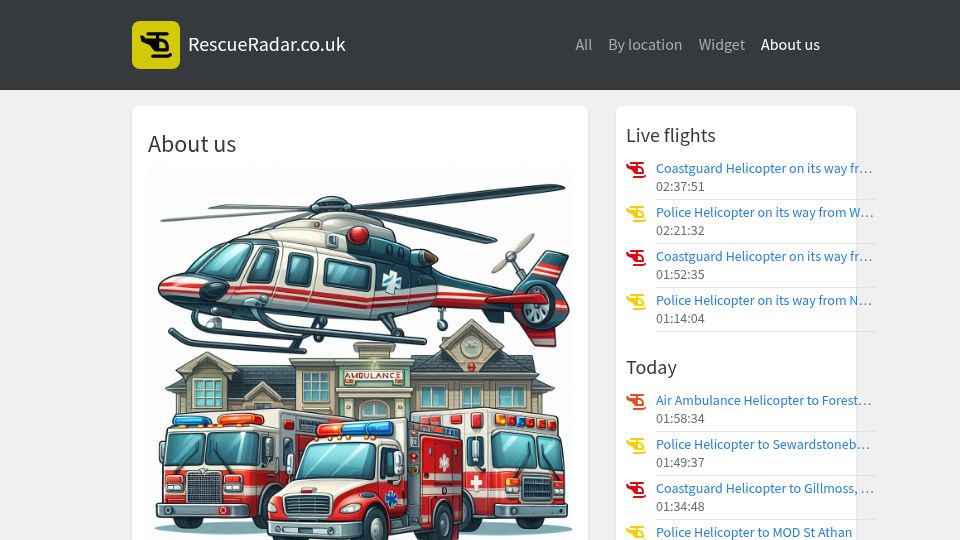 Screenshot of rescueradar.co.uk: RescueRadar – UK Emergency Services Flight Tracking Since 2013