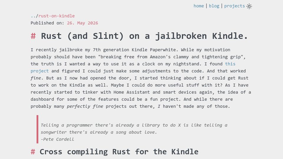 Screenshot of sverre.me: Rust (and Slint) on a Jailbroken Kindle