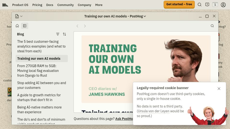 Screenshot of posthog.com: Training our own AI models