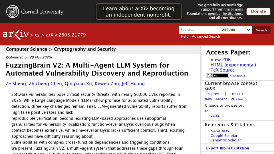 Screenshot of arxiv.org: Multi-Agent LLM System for Automated Vulnerability Discovery and Reproduction