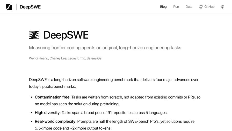 Screenshot of deepswe.datacurve.ai: DeepSWE: A contamination-free benchmark for long-horizon coding agents