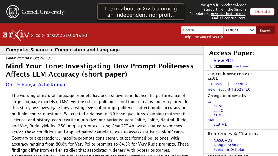 Screenshot of arxiv.org: Investigating how prompt politeness affects LLM accuracy (2025)