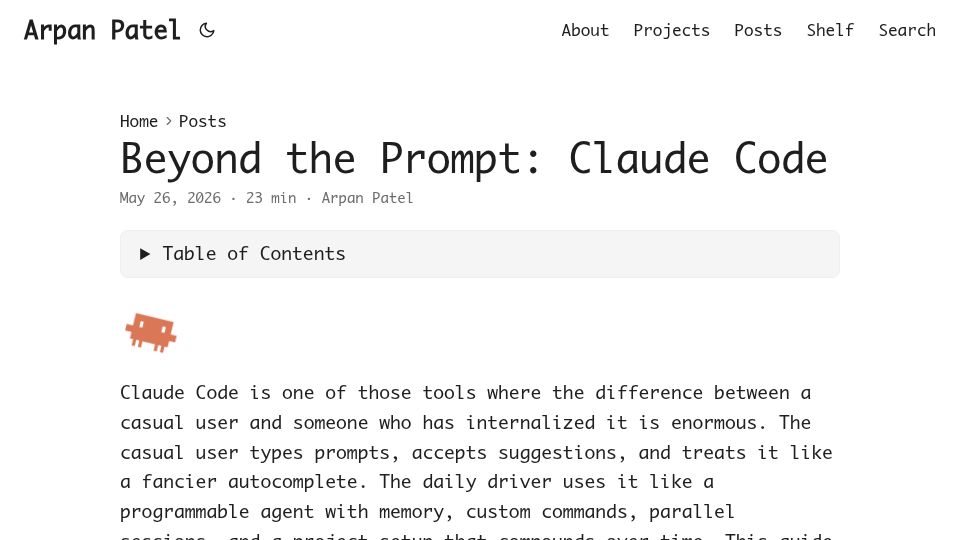 Screenshot of arps18.github.io: Claude Code as a Daily Driver: Claude.md, Skills, Subagents, Plugins, and MCPs