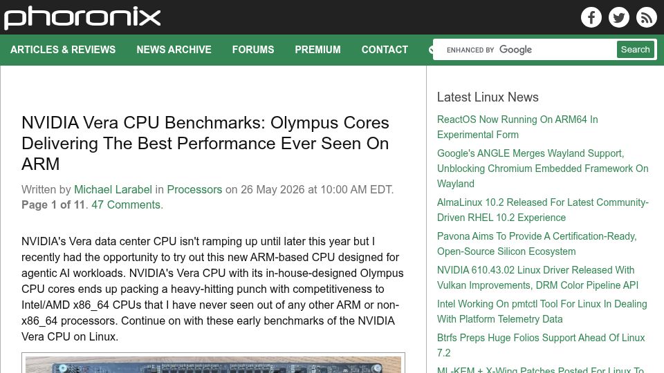 Screenshot of phoronix.com: Nvidia Vera CPU Benchmarks: Olympus Cores Delivering Great Performance
