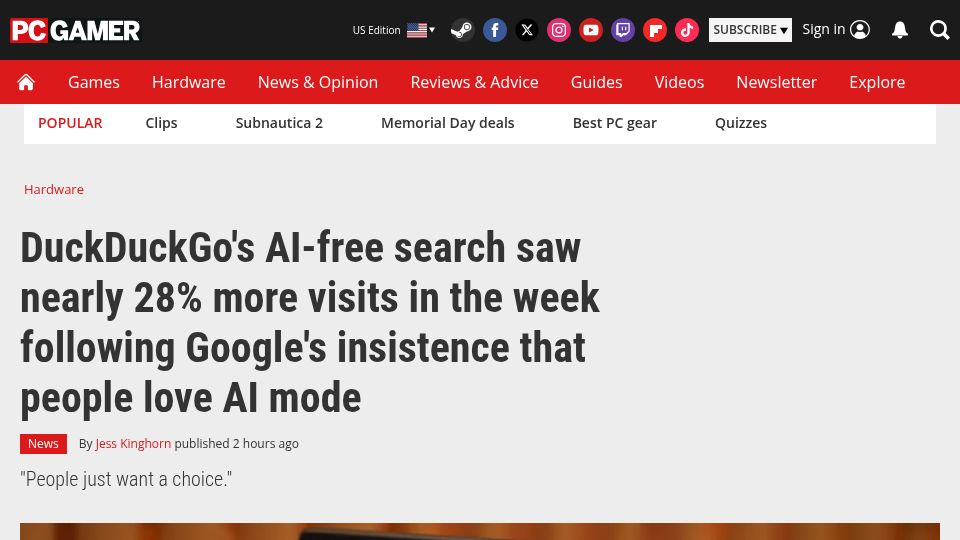 Screenshot of pcgamer.com: DuckDuckGo search saw 28% more visits after Google said people love AI mode