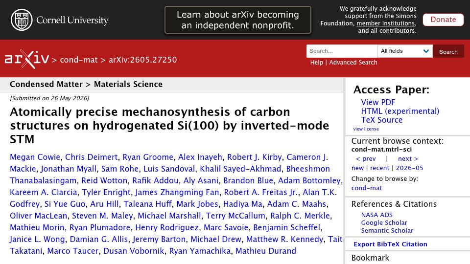 Screenshot of arxiv.org: Atomically precise mechanosynthesis of carbon structures on hydrogenated Silicon