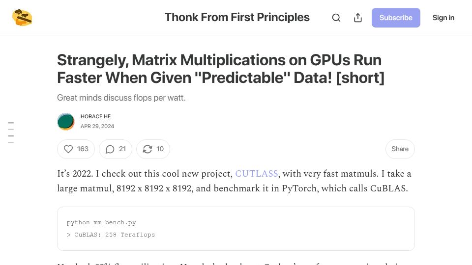 Screenshot of thonking.ai: Matrix Multiplications on GPUs Run Faster When Given “Predictable” Data (2024)