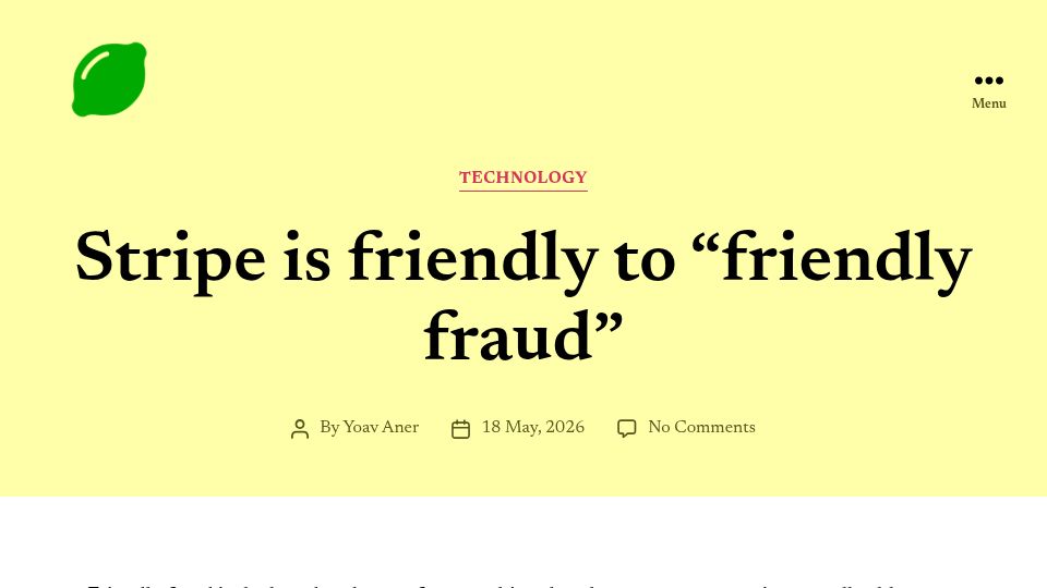 Screenshot of gingerlime.com: Stripe is friendly to “friendly fraud”