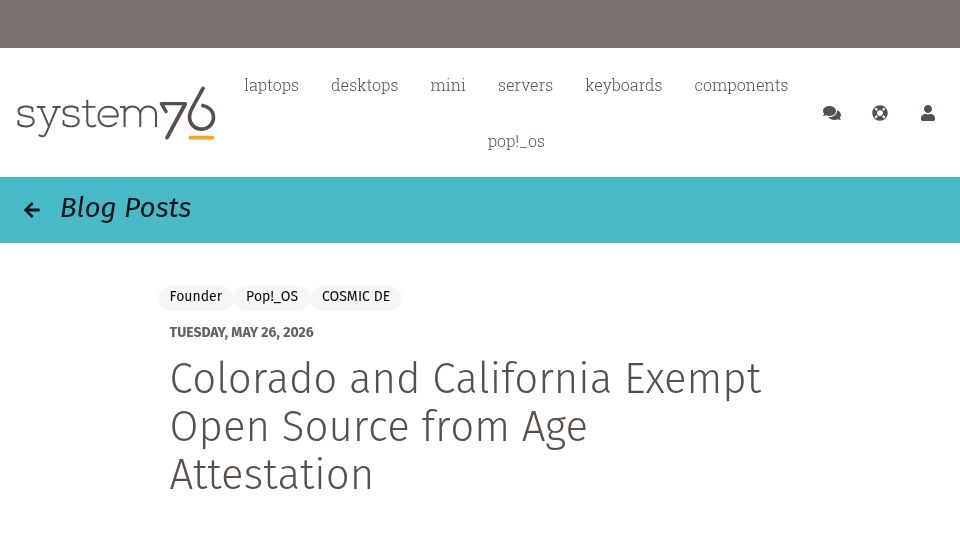 Screenshot of system76.com: Colorado and California Exempt Open Source from Age Attestation