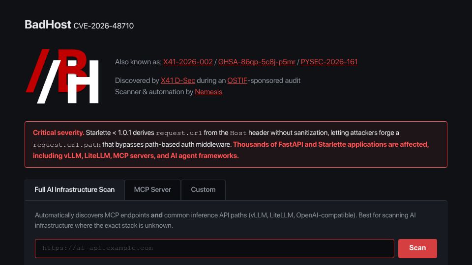 Screenshot of badhost.org: BadHost – CVE-2026-48710: Starlette Host-Header Auth Bypass