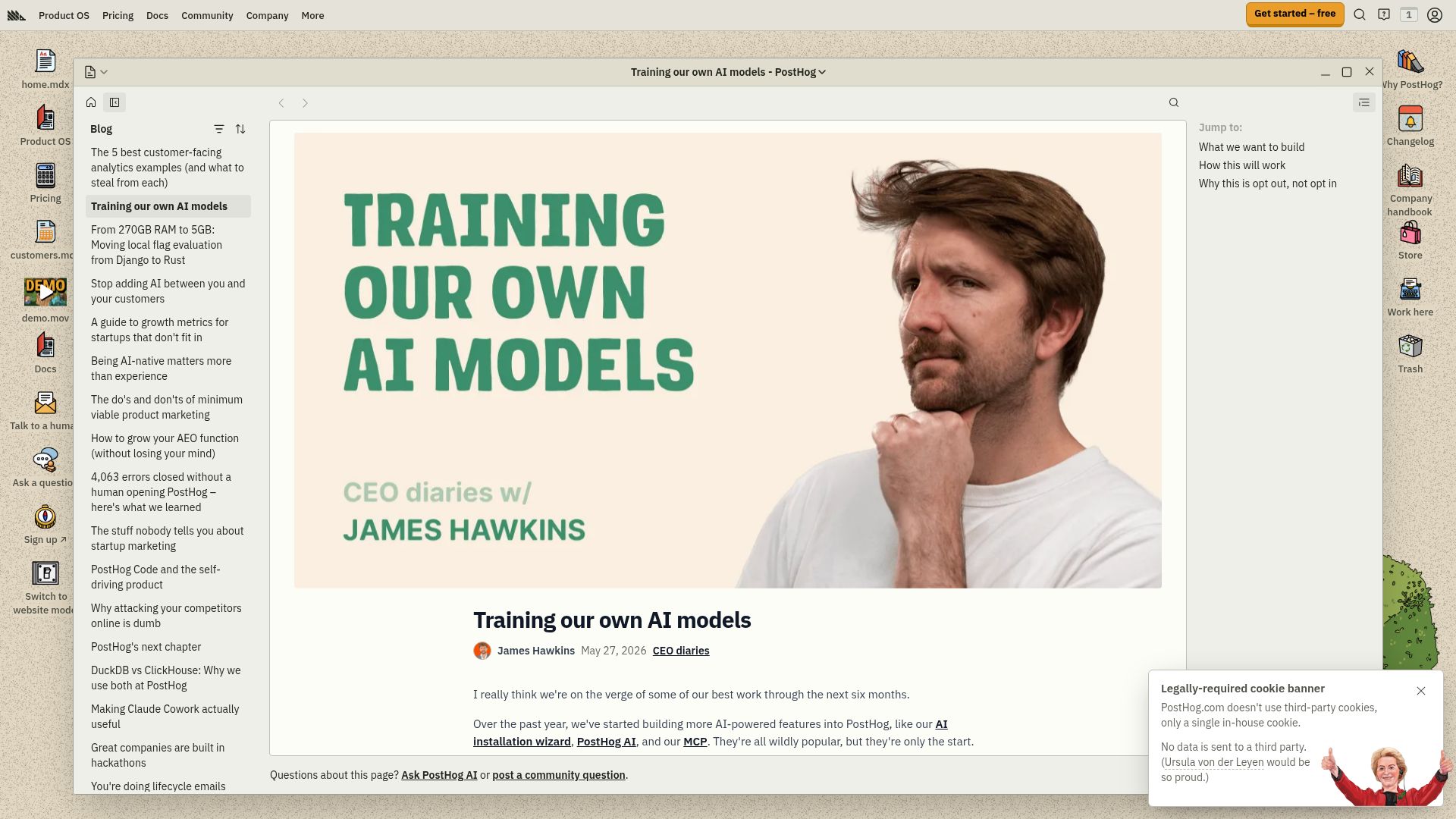 Screenshot of posthog.com: Training our own AI models