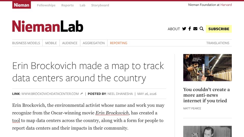 Screenshot of niemanlab.org: Erin Brockovich made a map to track data centers around the country