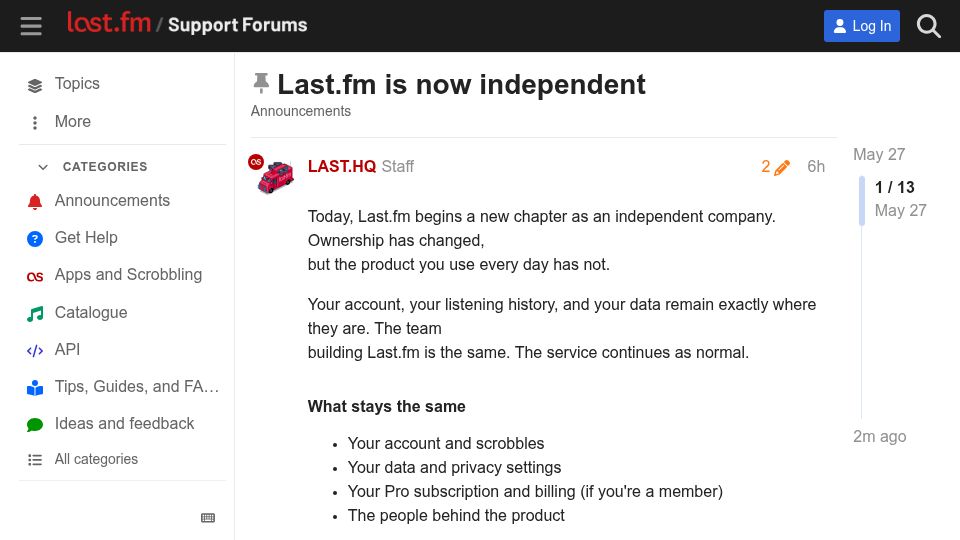 Screenshot of support.last.fm: Last.fm is now independent