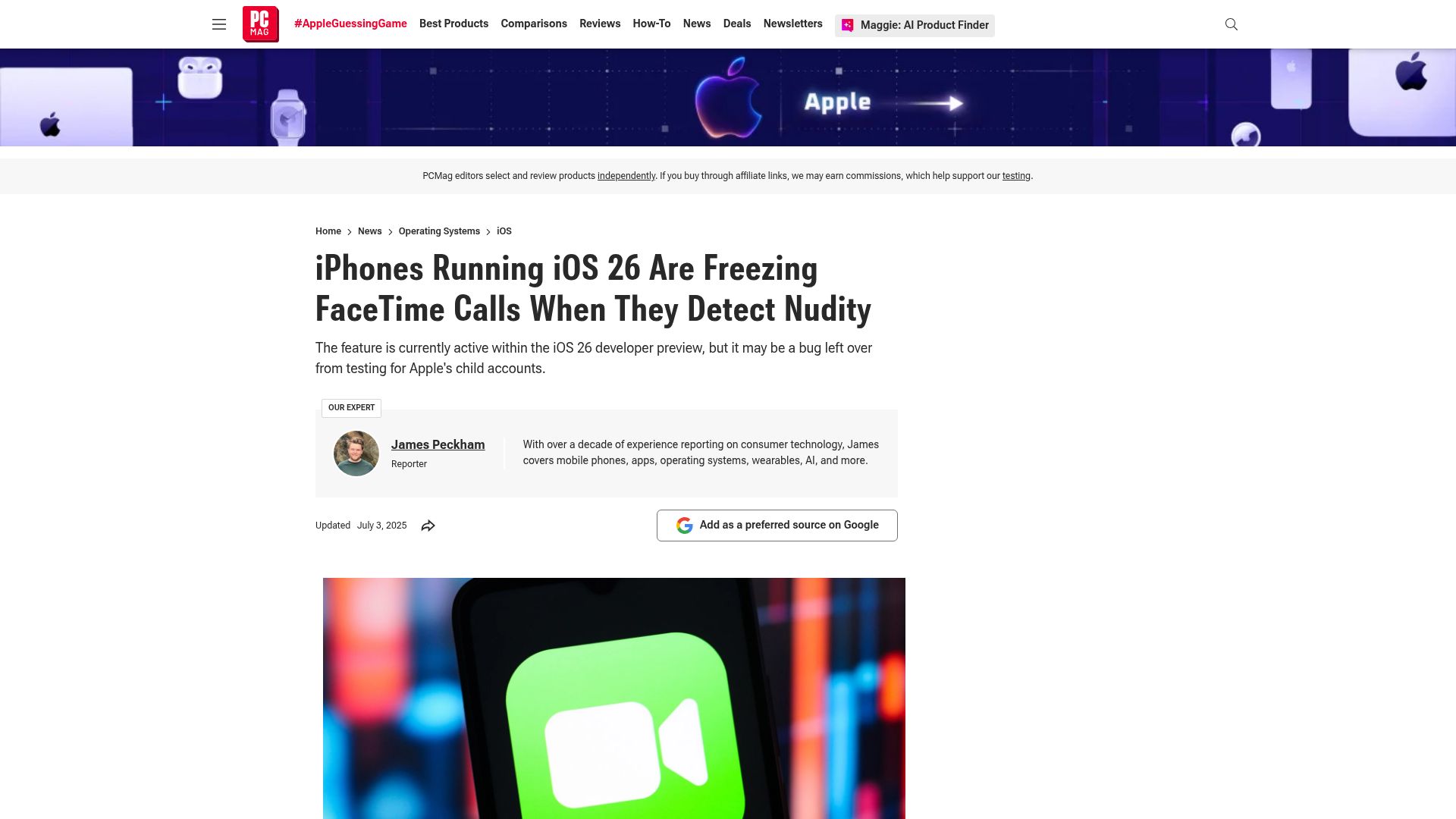 Screenshot of pcmag.com: iPhones Running iOS 26 Are Freezing FaceTime Calls When They Detect Nudity