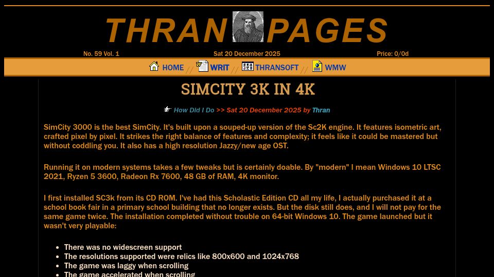 Screenshot of thran.uk: SimCity 3k in 4k (2025)