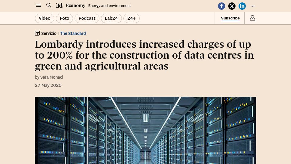 Screenshot of en.ilsole24ore.com: Italy region: +200% tax on datacenters built in green/agricultural areas