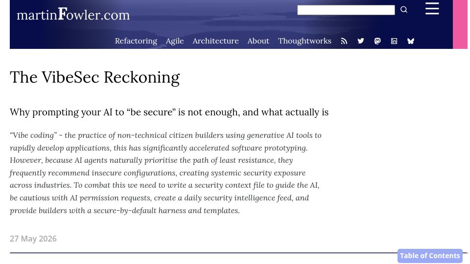 Screenshot of martinfowler.com: The VibeSec Reckoning