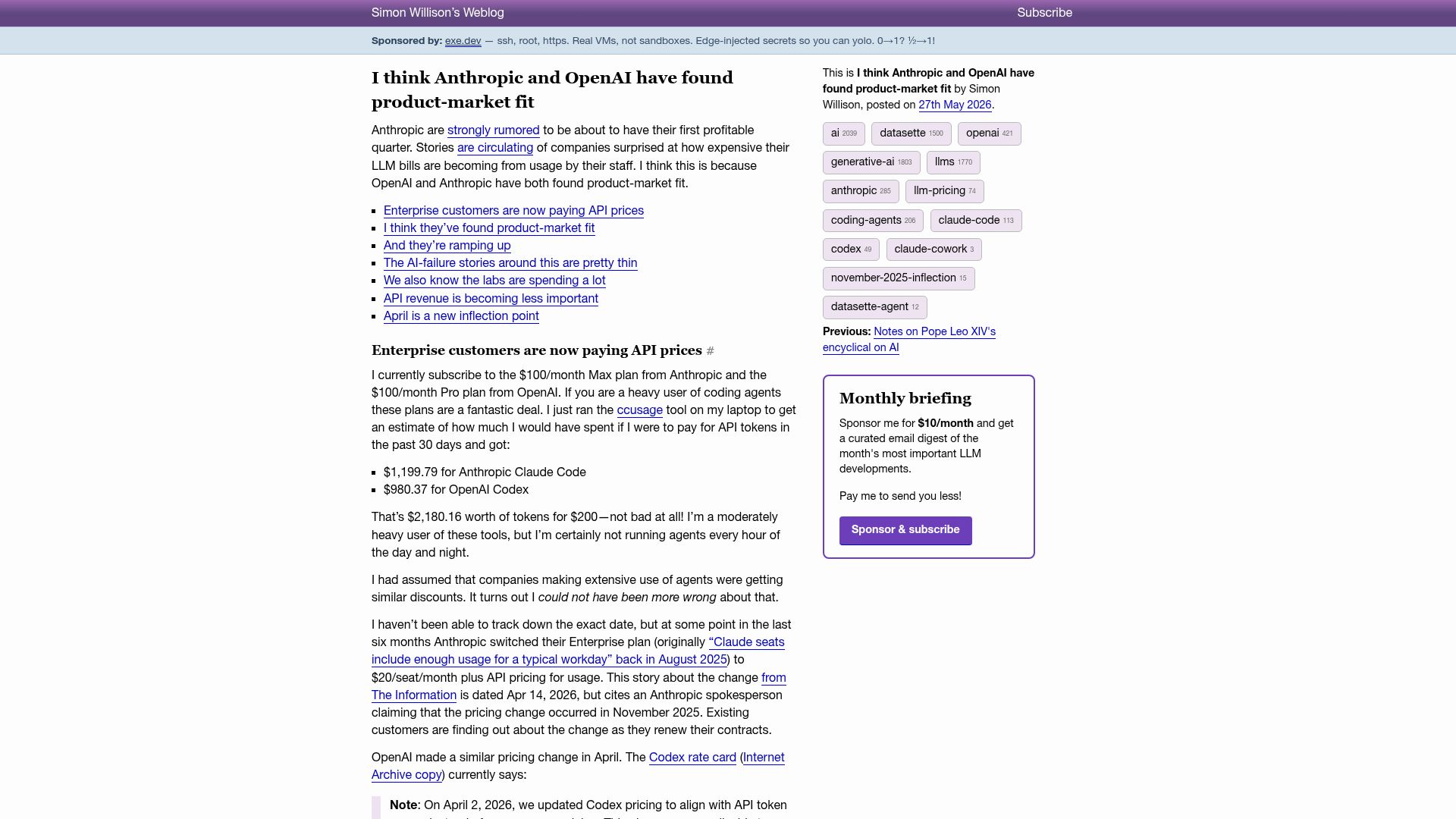 Screenshot of simonwillison.net: I think Anthropic and OpenAI have found product-market fit