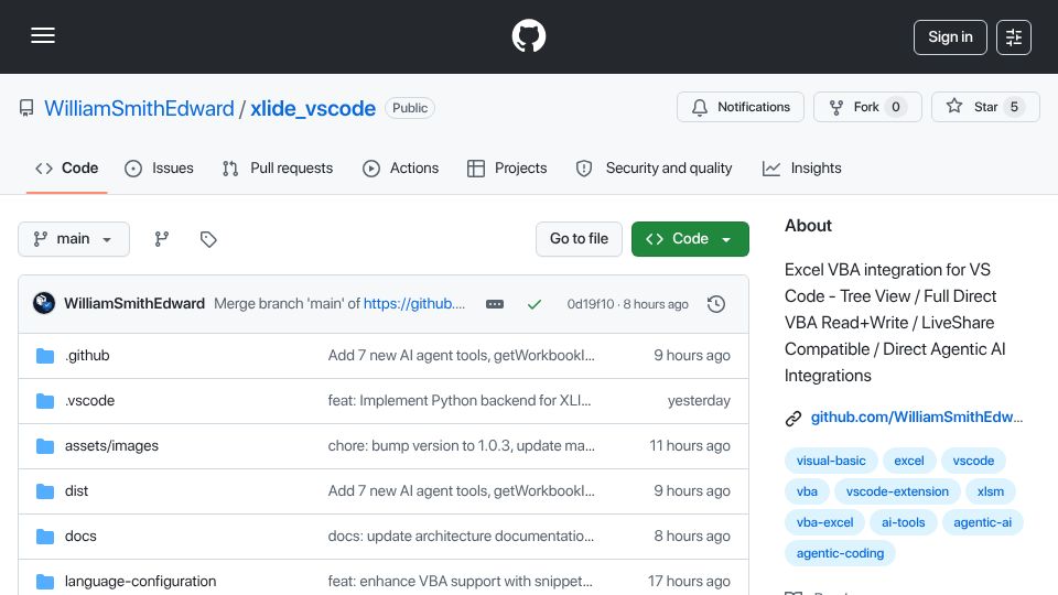 Screenshot of github.com: XLIDE: VBA without excel