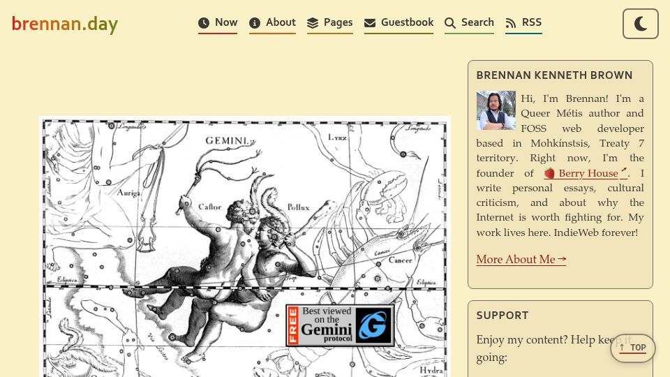 Screenshot of brennan.day: Gemini, Gophers, and Fingers. Oh My Alternative Internets Beyond HTTPS