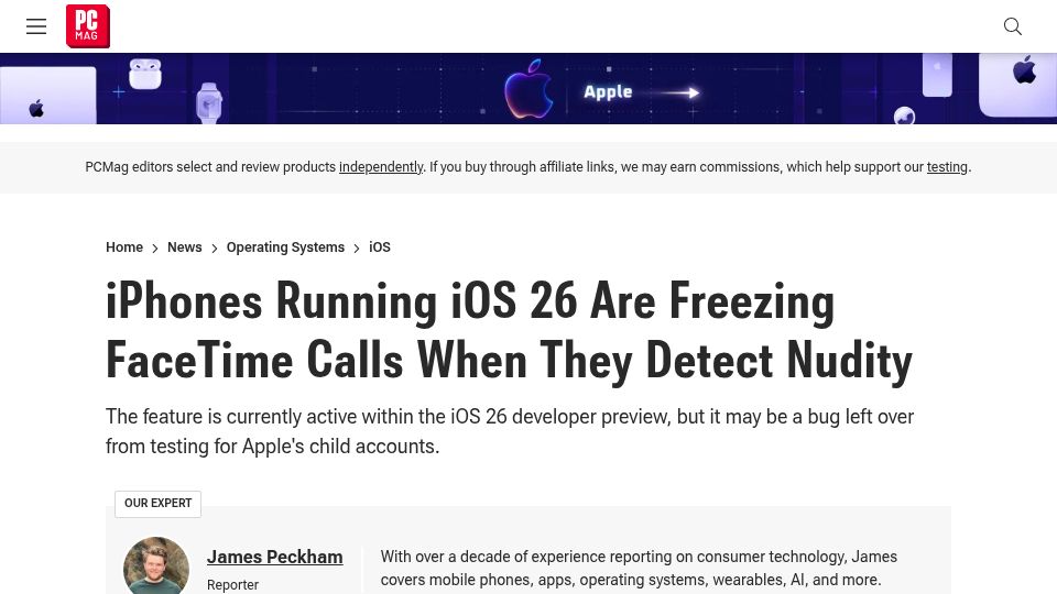 Screenshot of pcmag.com: iPhones Running iOS 26 Are Freezing FaceTime Calls When They Detect Nudity