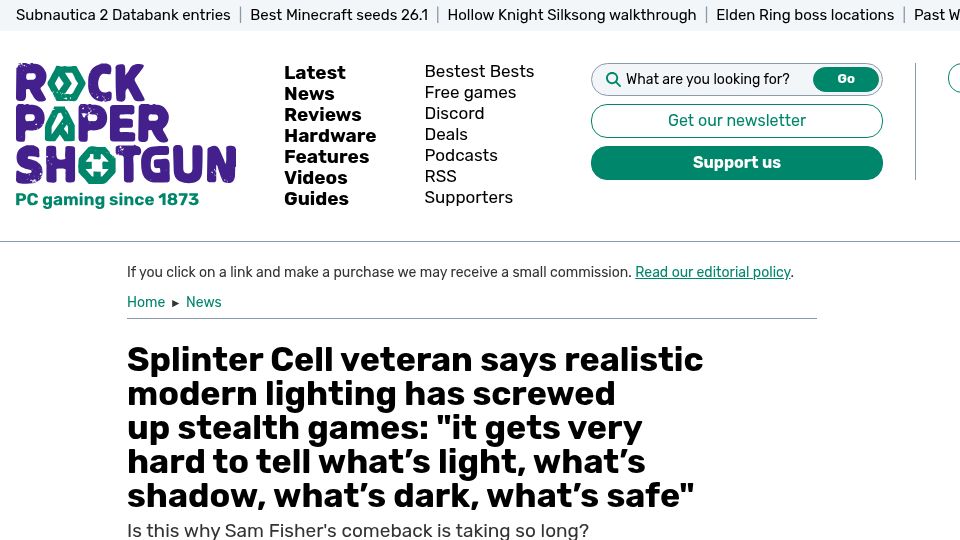 Screenshot of rockpapershotgun.com: Splinter Cell veteran says realistic modern lighting has screwed up stealth game
