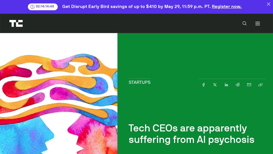 Screenshot of techcrunch.com: Tech CEOs are apparently suffering from AI psychosis