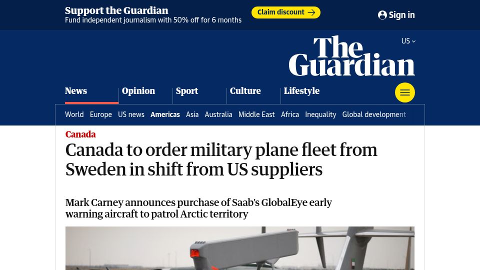 Screenshot of theguardian.com: Canada to order military plane fleet from Sweden in shift from US suppliers