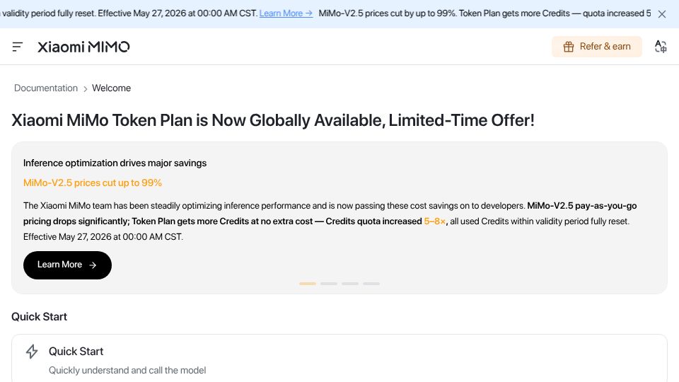 Screenshot of platform.xiaomimimo.com: Xiaomi MiMo-v2.5 price drops 99% – AI pricing war