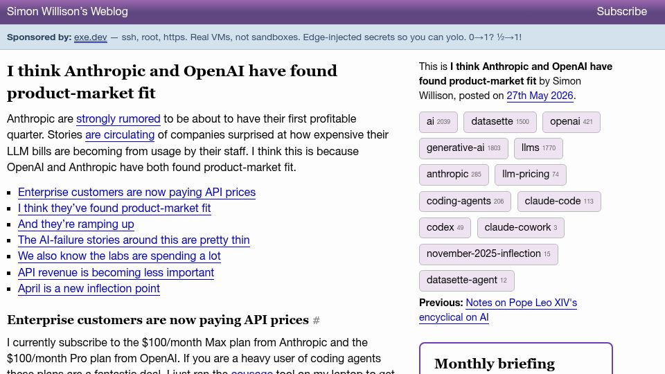 Screenshot of simonwillison.net: I think Anthropic and OpenAI have found product-market fit