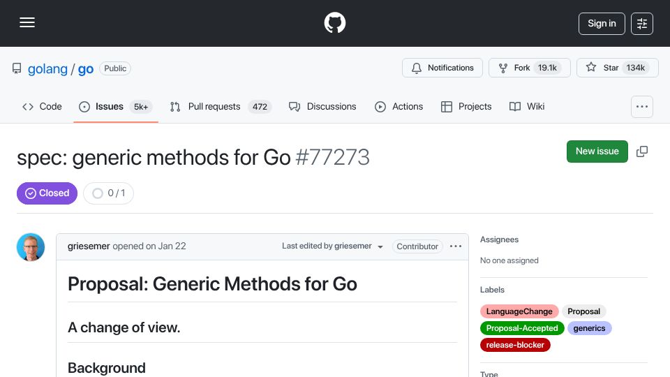 Screenshot of github.com: Go: Support for Generic Methods