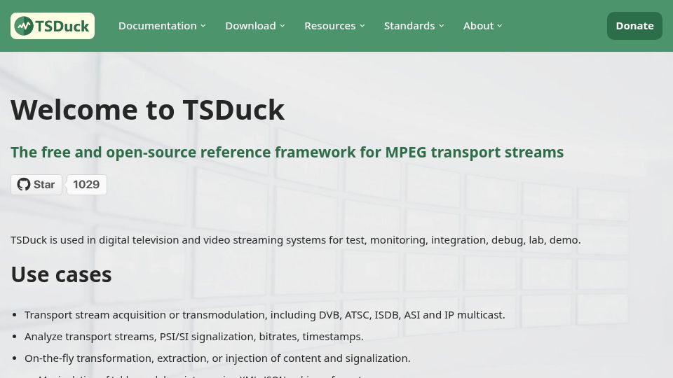 Screenshot of tsduck.io: TSDuck: Open-source toolkit for MPEG-TS analysis and manipulation