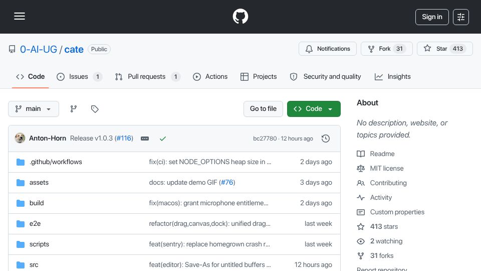 Screenshot of github.com: Cate v1.0 is out: The Infinite canvas workspace for developers