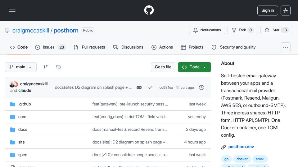 Screenshot of github.com: Show HN: Posthorn, self-hosted mail without the mail server