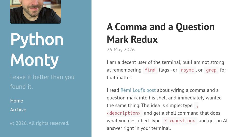 Screenshot of z3ugma.github.io: A Comma and a Question Mark, Redux: Quick Terminal Helpers Using Pi