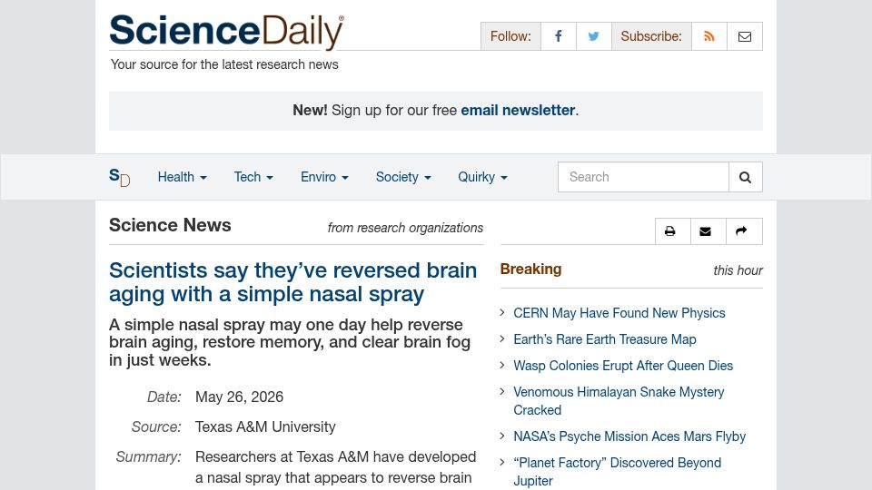 Screenshot of sciencedaily.com: Scientists say they've reversed brain aging with a simple nasal spray