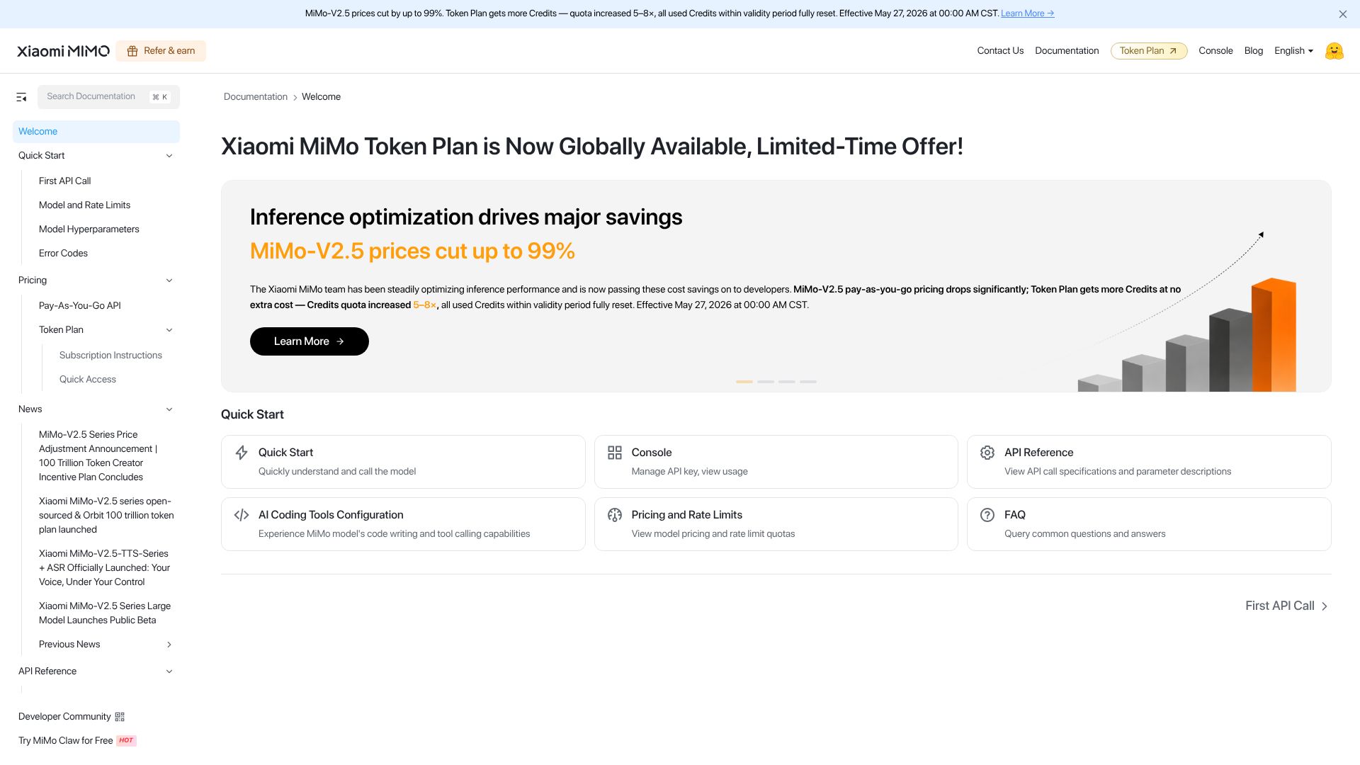 Screenshot of platform.xiaomimimo.com: Xiaomi MiMo-v2.5 price drops 99% – AI pricing war