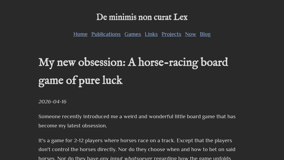 Screenshot of alexanderbjoy.com: My new obsession: A horse-racing board game of pure luck