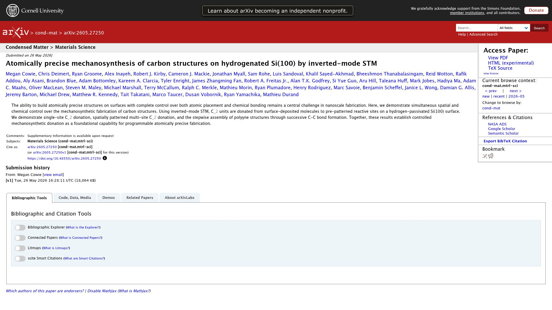 Screenshot of arxiv.org: Atomically precise mechanosynthesis of carbon structures on hydrogenated Silicon